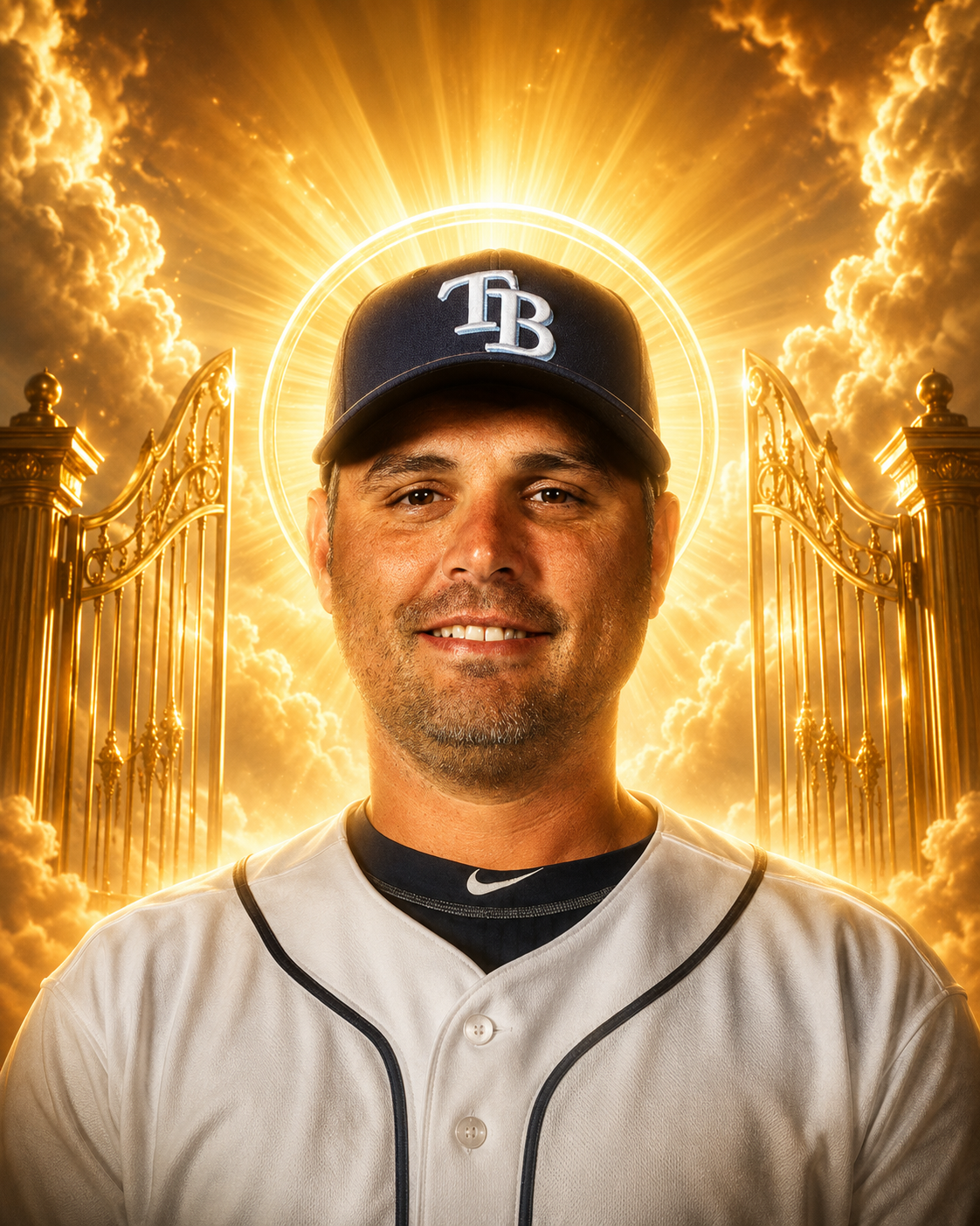 Kevin Cash standing before heavenly gates